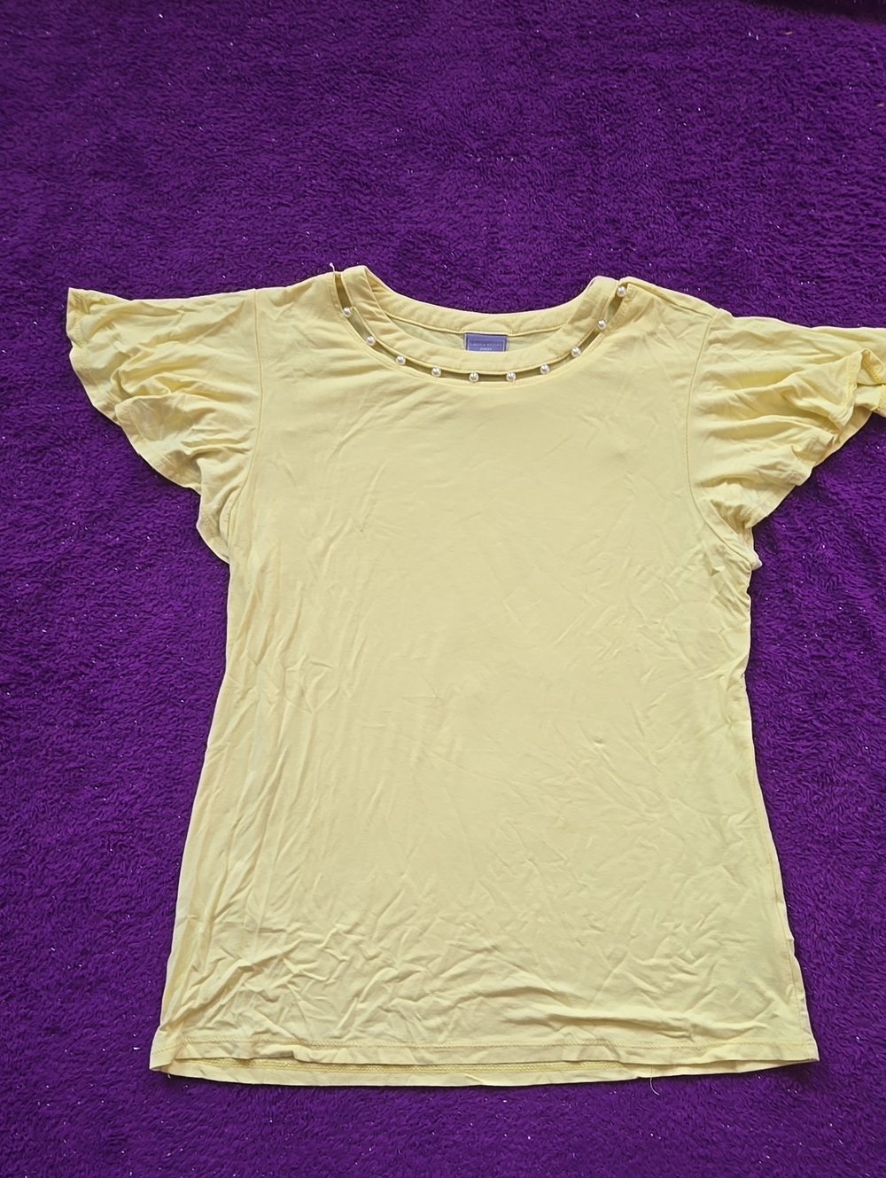 Laura Scott Pale Yellow Flutter Sleeve Tee with Bead Neckline